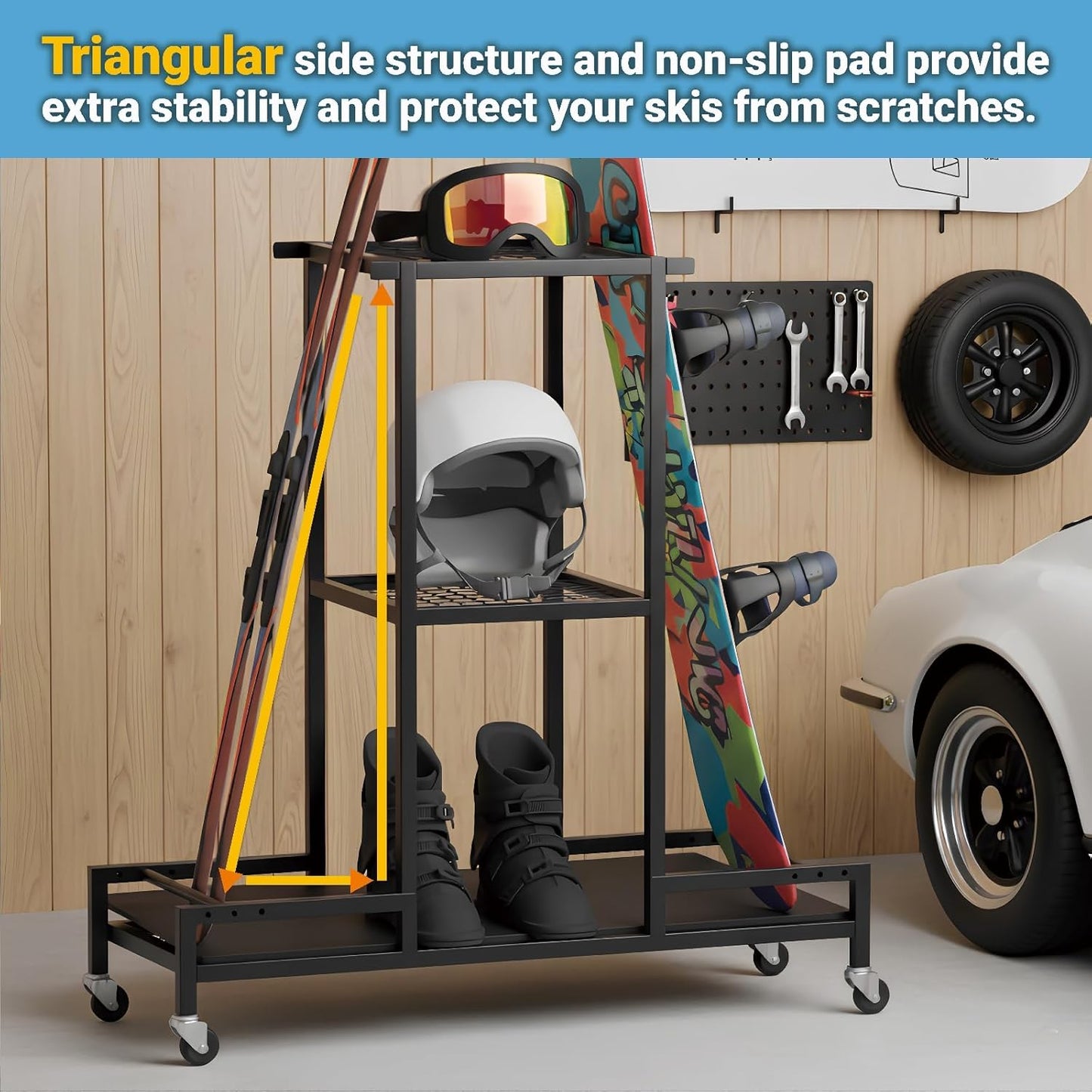 Standing Ski Storage Rack, Holds Snowboards & Skis, 3-Tier Organizer for Gear, Black - Ski Rack for Garage with Anti-Slipmat