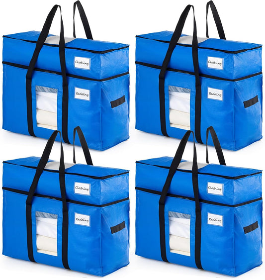 TAILI 2 Tier Extra Large Moving Bags, 4 Pack Blue Heavy Duty Totes for Storage with Visible Window, Wrap Around Handles, Storage Bags for Space Saving, Alternative to Moving Boxes