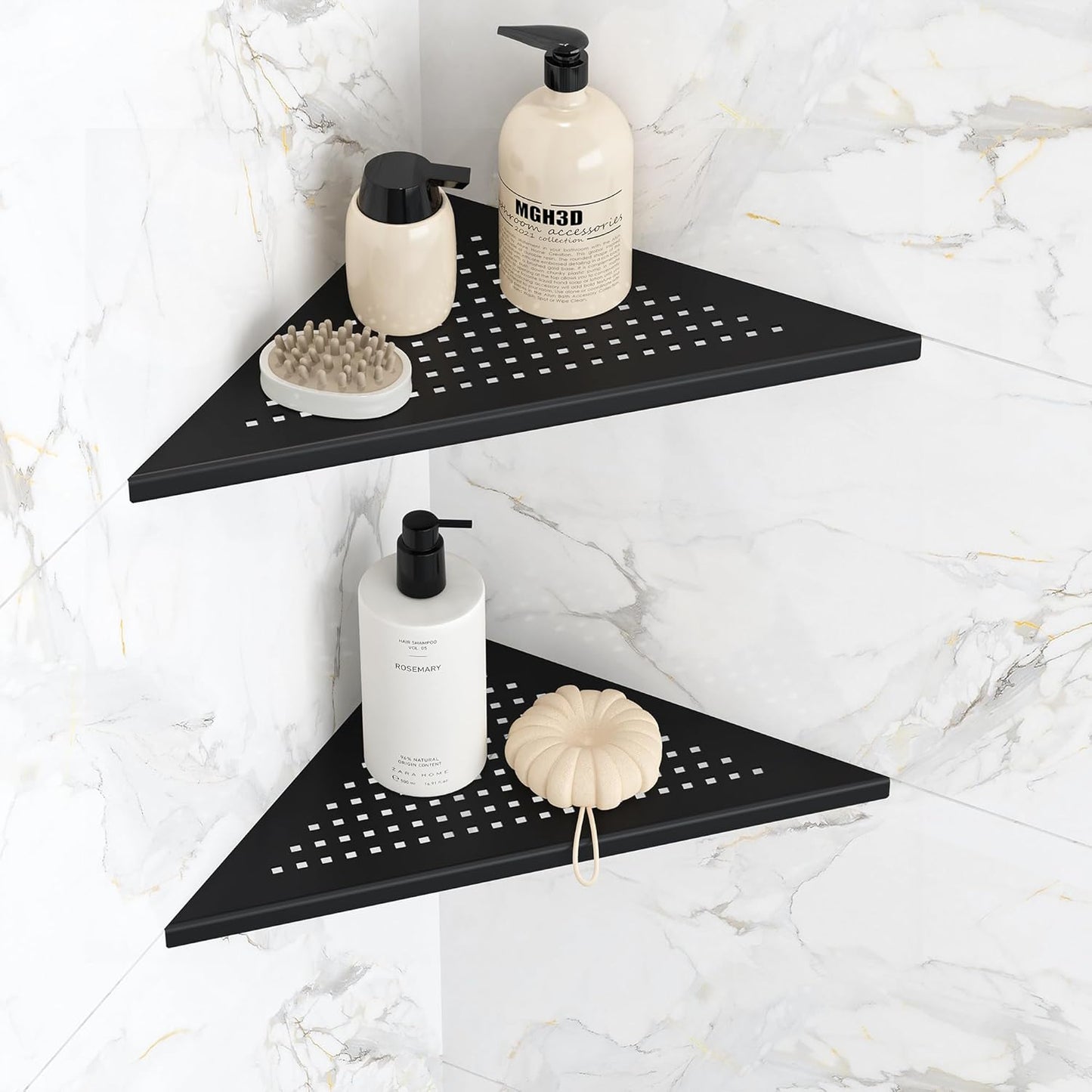Corner Shower Shelves, 10” Recessed Tile Shower Shelf Matte Black, 304 Stainless Steel Grout in Corner Tile Bathroom Shelves, No Drilling, 2 Pack