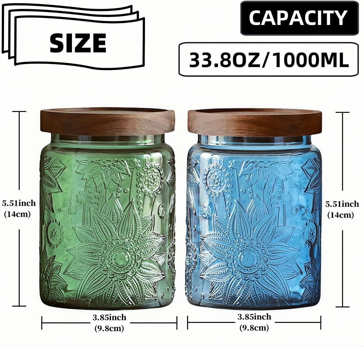 Set of 2 Vintage Glass Jars, Green Glass Storage Jars with Lids (23.7 oz) for Kitchen, Pantry, Candy, Flour, Oatmeal, Coffee Beans, Pet Food, Laundry Detergent, Cute Jar (Green&Blue 2, 23.7 Ounces)