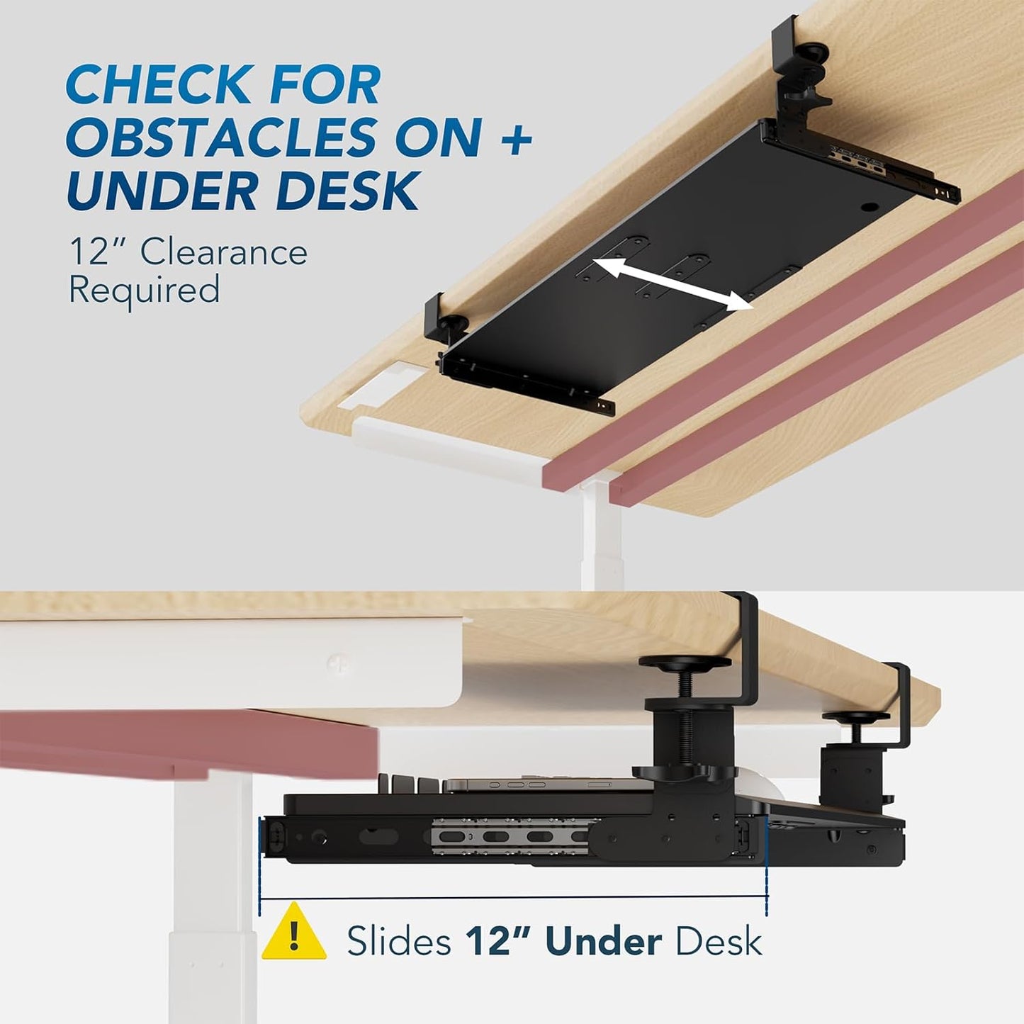 AX WABER Keyboard Tray Under Desk Pull Out with 3 Height Adjustable Extra Sturdy C Clamp Mount System, 32.8 (38 inch Including Clamps) x 12 Inch Slide-Out Platform Computer Drawer for Typing