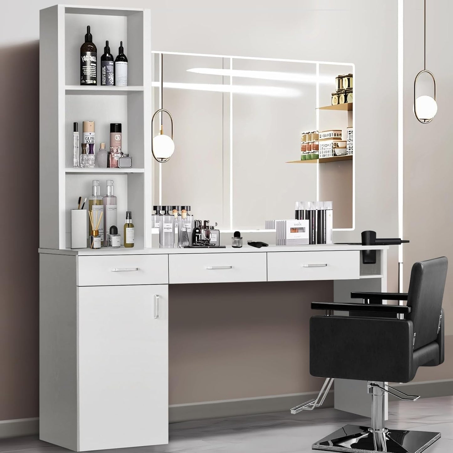 4ever2buy Hair Salon Station for Hair Stylist, Salon Wall Station with Barber Cabinet, Barber Stations Equipment Hair Dryer Holder, Drawers (White)