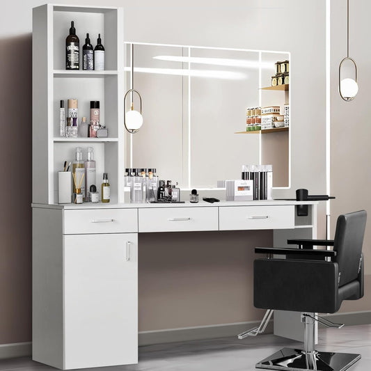 4ever2buy Hair Salon Station for Hair Stylist, Salon Wall Station with Barber Cabinet, Barber Stations Equipment Hair Dryer Holder, Drawers (White)