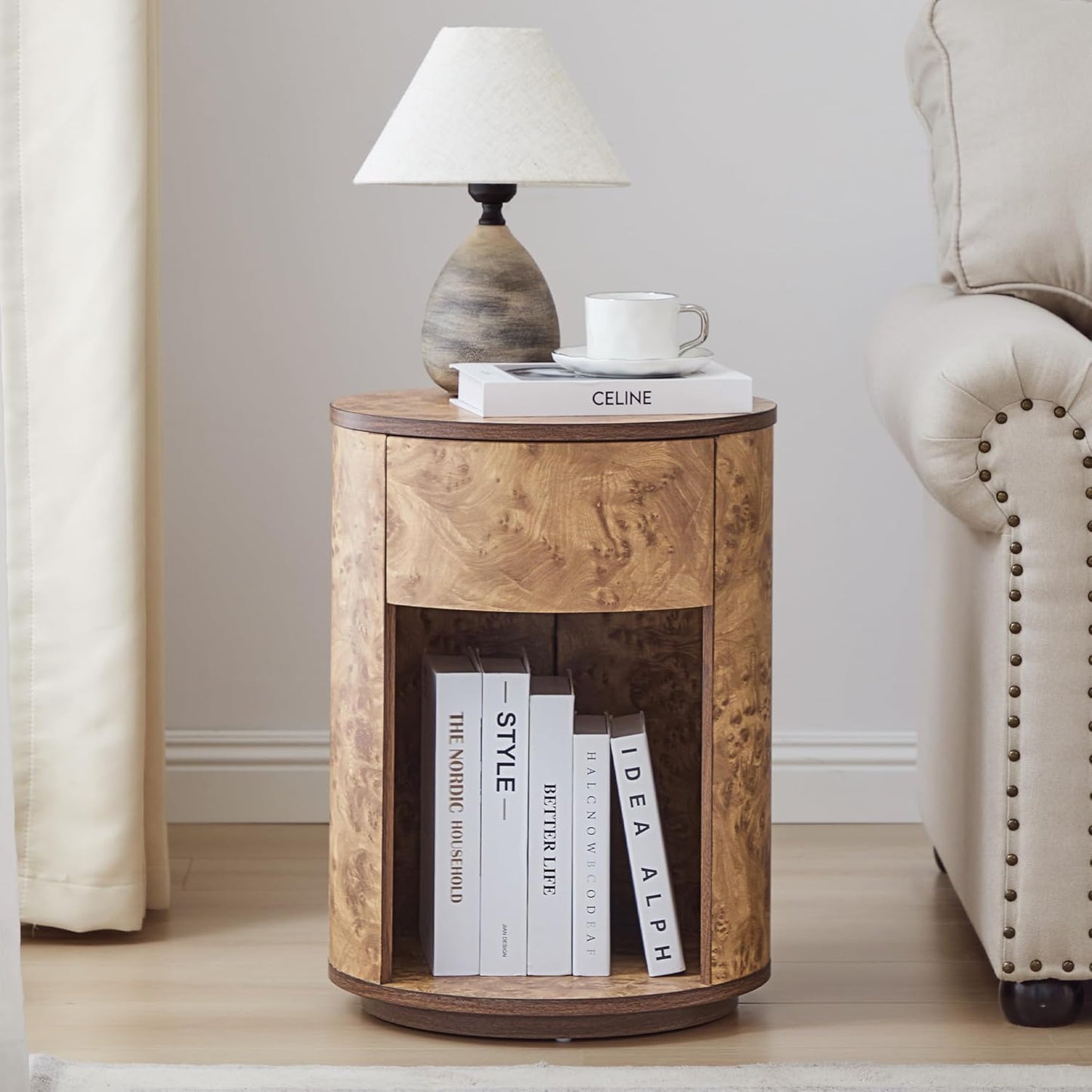 Side Table with Drawer, Round Bedside Table with Open Shelf, Farmhouse Burl Wood Nightstand Accent Table for Living Room, Bedroom (Walnut, 1-Pack)