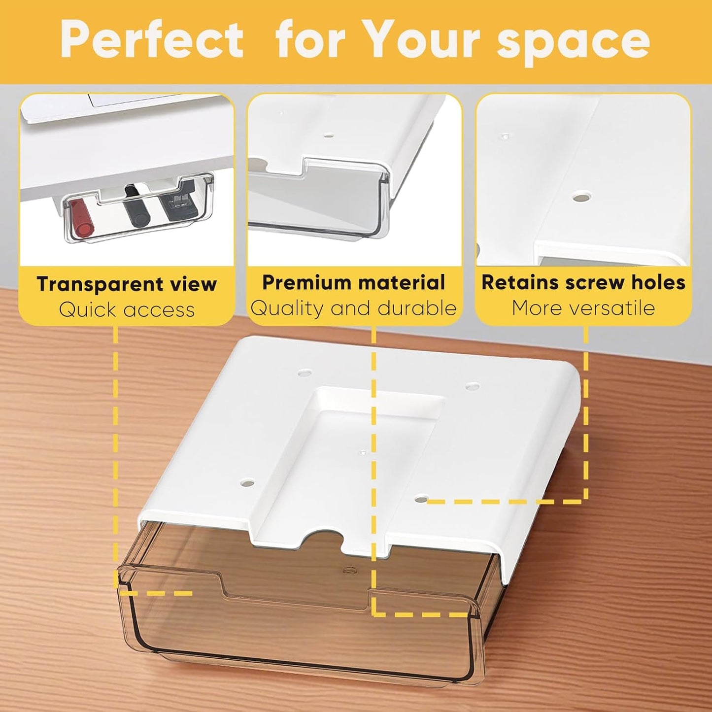 2 Pack Under Desk Hanging Drawer Slide Pull Out, Attachable Clear Acrylic Storage Tray, Easy Hidden Self Adhesive Mount Cabinet Shelf Holder for Tables, Home & Office, Counters, Workstation