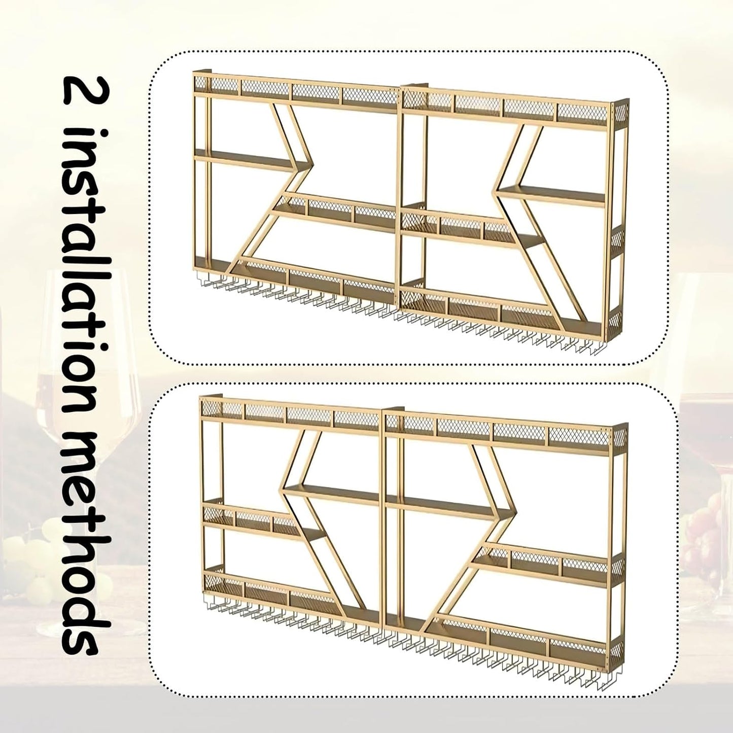 63in Large Wall Mounted Wine Rack 4 Tier Metal Wine Bottle Holder Modern Diamond Design Floating Bar Liquor Bottles Storage Rack for Home Restaurant Bar Decorative (Gold, 4 Tier - 63in)