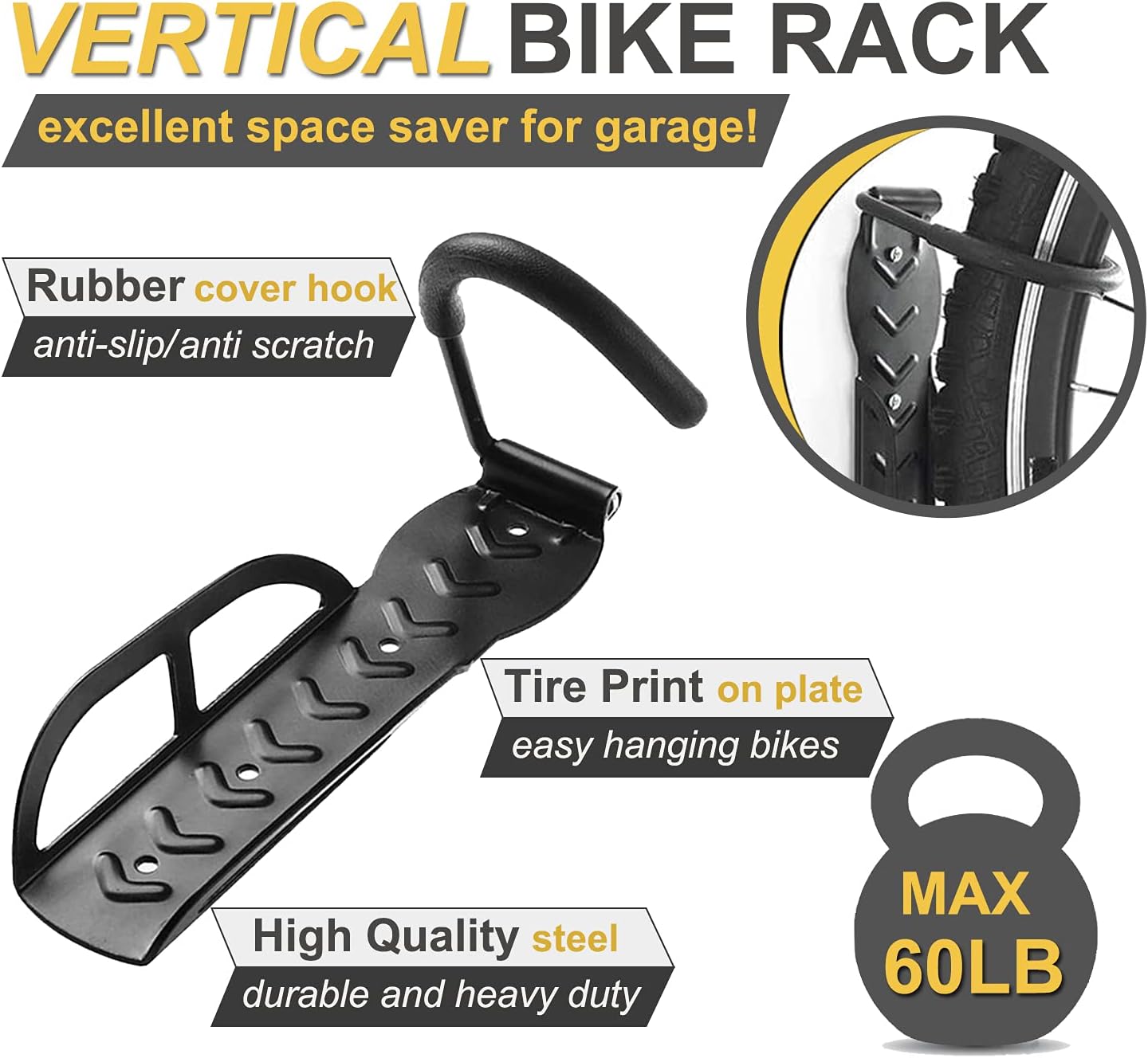 Garage Wall Mount Bike Rack 2 Pack Vertical Bicycle Hanging Hooks for Indoor Storage