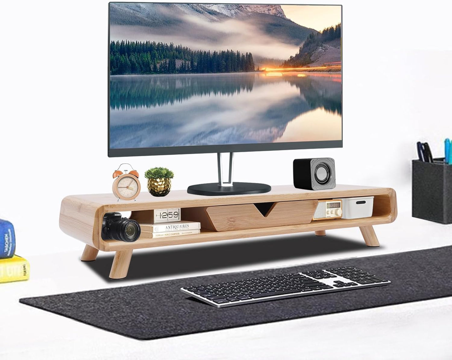 Monitor Stand Riser, 24inch Large Desk Computer Monitor Stand with 2 Wire Holes & Back Baffle, V-shaped Drawer, Desk Shelf Adds Storage for PC Monitor, Laptop, Printer