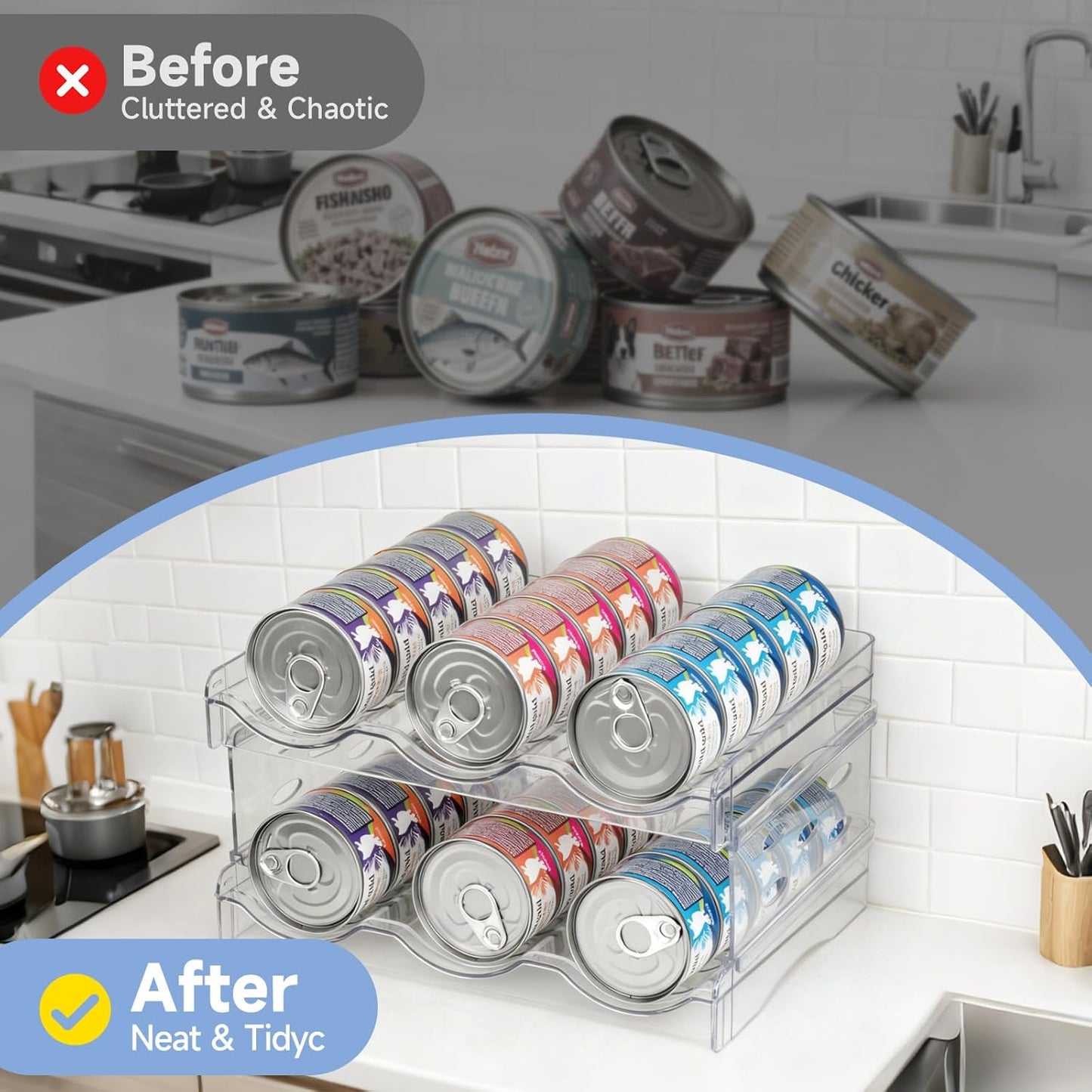 Cat Food Organizer,Can Organizer for Pantry,2-Layers Transparent Cat Food Can Organizer Container Holds 36 (3.5oz) Cans,Canned Cat Food Organizer and Storage for Countertop Kitchen Cabinet