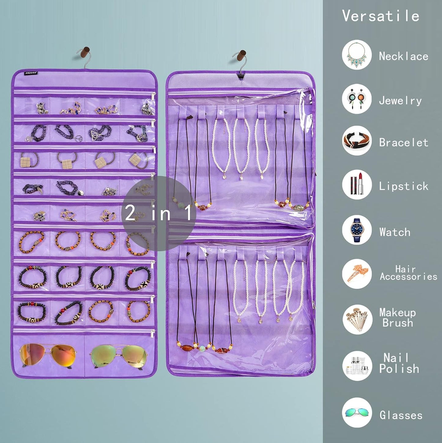 Dual-sided Hanging Jewelry Organizer Necklace Holder Jewelries Storage with 34 Zippered Pockets and 14 Dustproof Hook Loops (PURPLE)