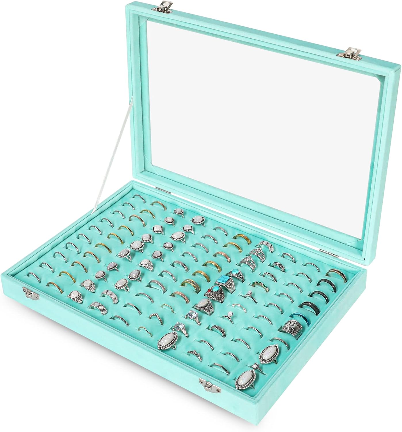 Frebeauty Ring Organizer Tray 100 Slots Ring Holder with Clear Lid Velvet Storage Box Jewelry Tray for Jewelry Store Earring Display Case for Jewelry Show Studs Box for Women(Turquoise)