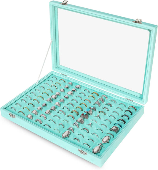 Frebeauty Ring Organizer Tray 100 Slots Ring Holder with Clear Lid Velvet Storage Box Jewelry Tray for Jewelry Store Earring Display Case for Jewelry Show Studs Box for Women(Turquoise)