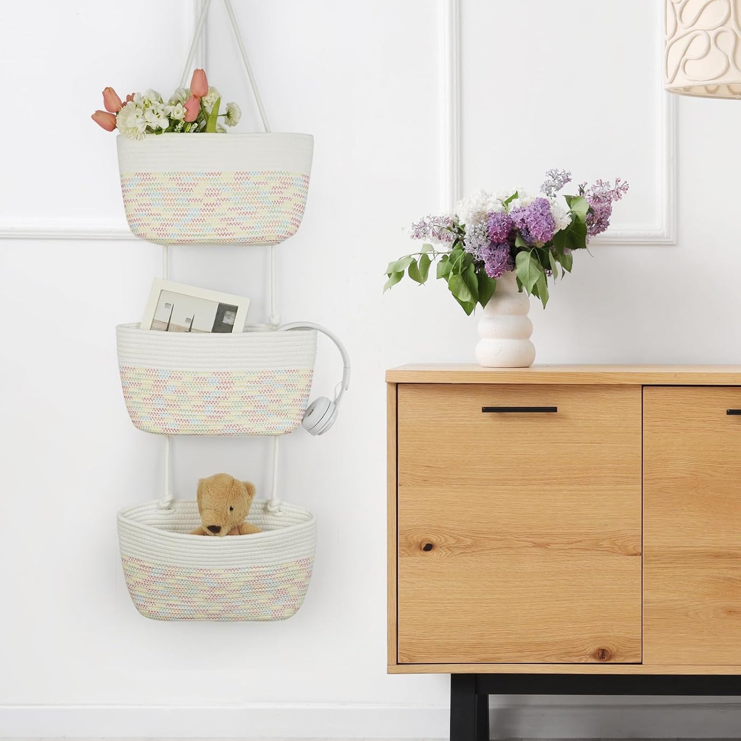 TeoKJ 3-Tier Woven Cotton Wall-Mounted Hanging Storage Baskets, Over the Door Organizer Bin for Kids Room, Bathroom, Bedroom, Kitchen, White & Rainbow Stitching