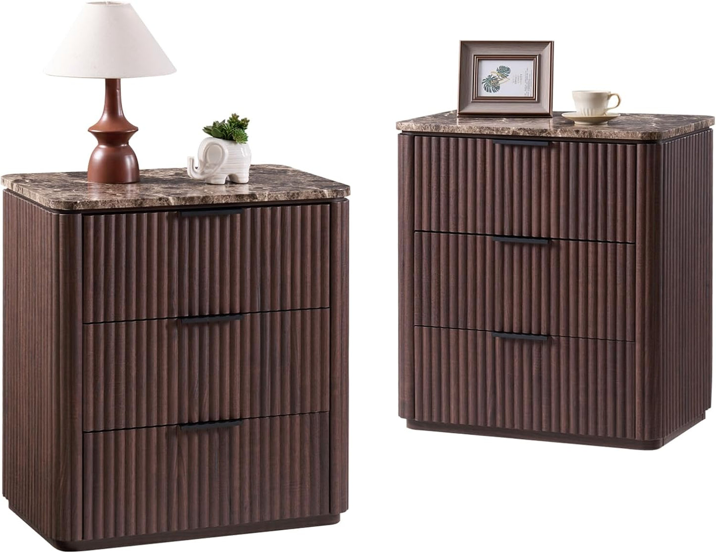 Fluted Nightstand Set of 2, Engineered Wood Bedside Table with 3 Drawers, Modern End Table with Faux Marble-Top, Curved Corners, Metal Handle, Large Night Stand for Bedroom, Office, Closet, Dark Oak
