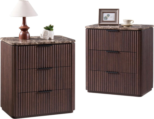 Fluted Nightstand Set of 2, Engineered Wood Bedside Table with 3 Drawers, Modern End Table with Faux Marble-Top, Curved Corners, Metal Handle, Large Night Stand for Bedroom, Office, Closet, Dark Oak