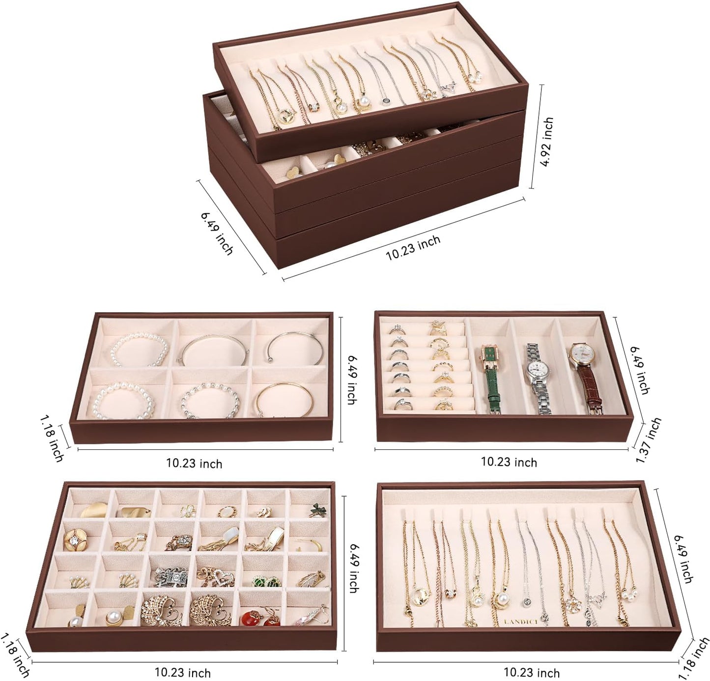 LANDICI Stackable Jewelry Organizer Trays 4 Set,PU Leather Jewelry Organizer Drawer,Jewelry Storage Display Tray for Earring Necklace Rings Bracelet with Removable Dividers,Coffee