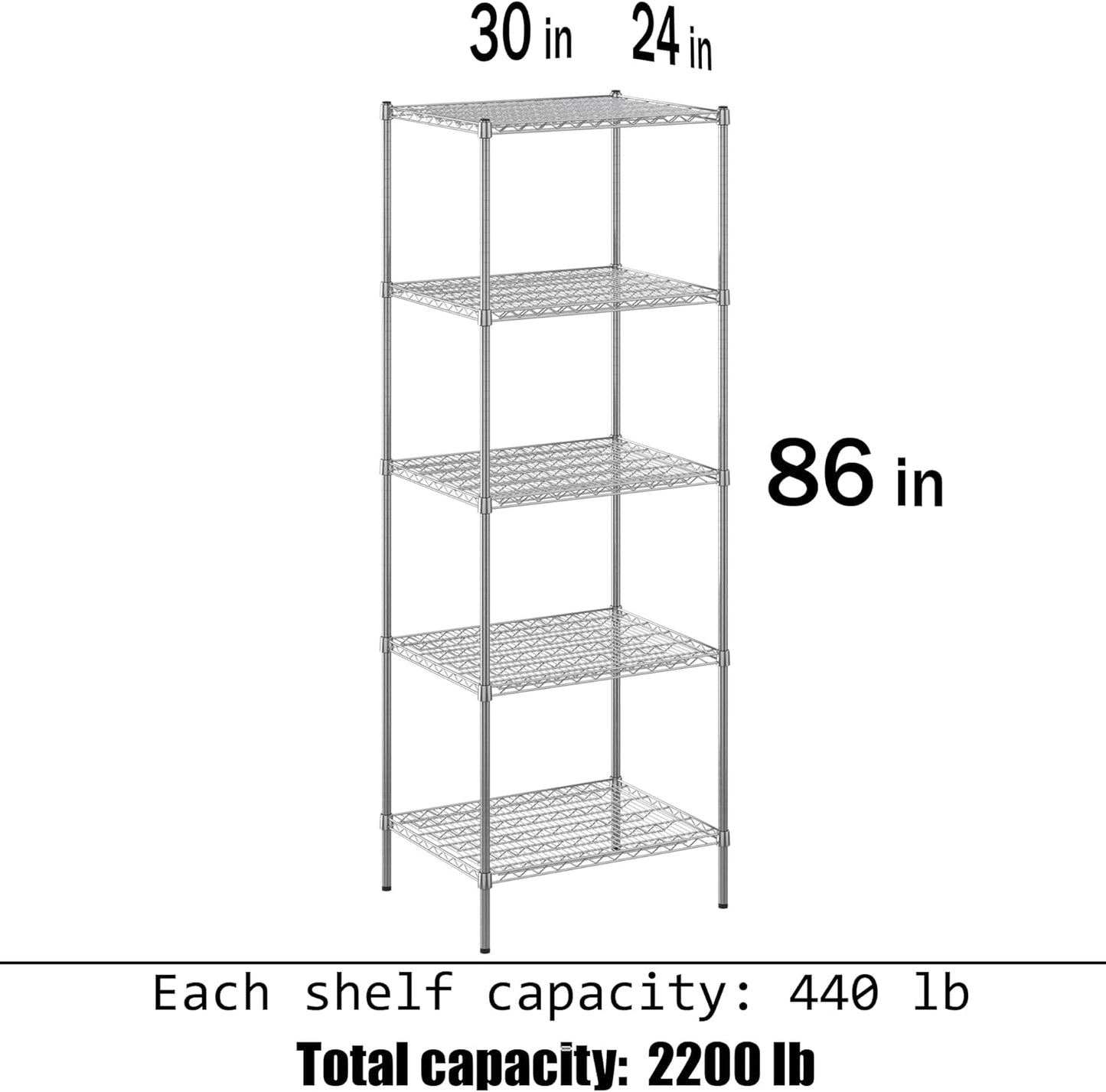 24" Deep x 30" Wide x 86" Height Wire Shelving Kit | 5-Tier | NSF Commercial Storage Rack Unit