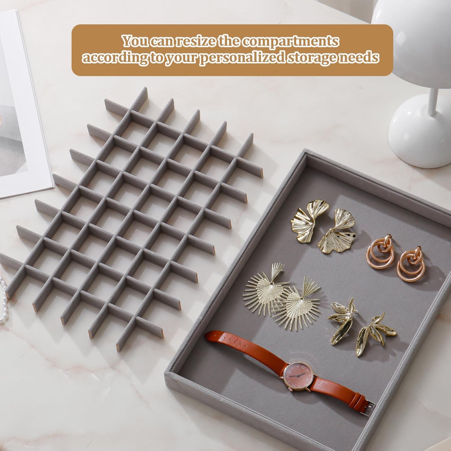 Large Velvet Jewelry Tray 2 Pack Stackable Jewelry Display Drawer Inserts Trays Organizer for Earring Bracelet Necklace Ring (Gray, 48 Grids)