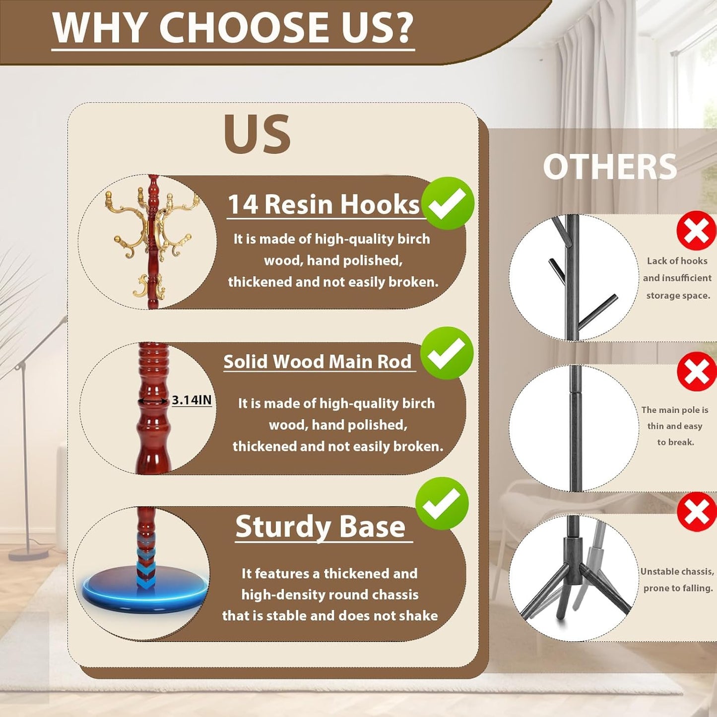 Solid Wooden Coat Rack Stand, Coat Racks Freestanding with 14 Hooks, Natural Birch Wood Coat stands with Sturdy Round Base, Tree Coat Hanger Standing for Entryway Bedroom Office (Begonia)