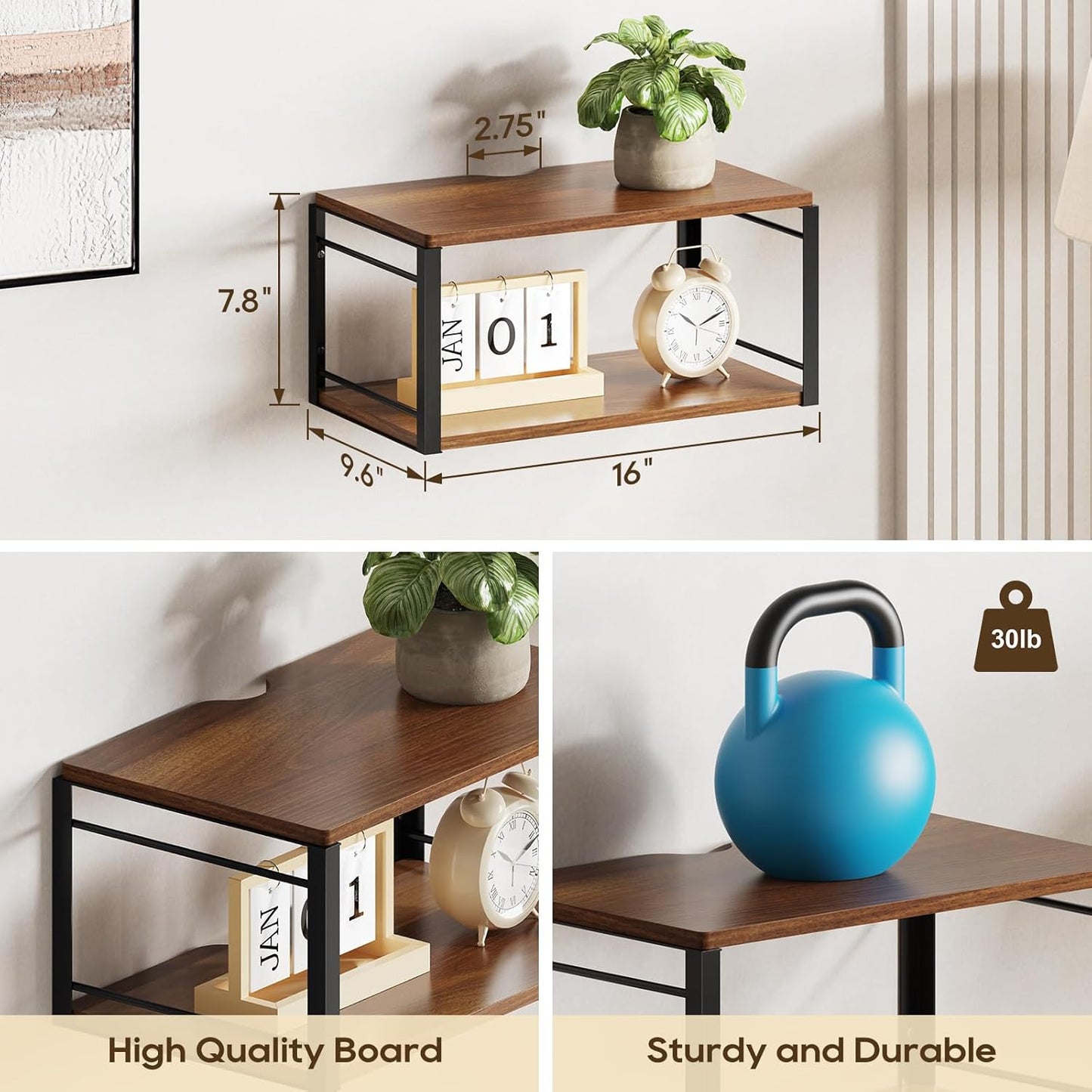 Floating Nightstand Wall Shelf, Wood Bedside Shelf Wall Mounted Nightstand Set of 2, Floating Bedside Table for Bedroom, Living Room, Bathroom, Kitchen, Office (Vintage Brown)