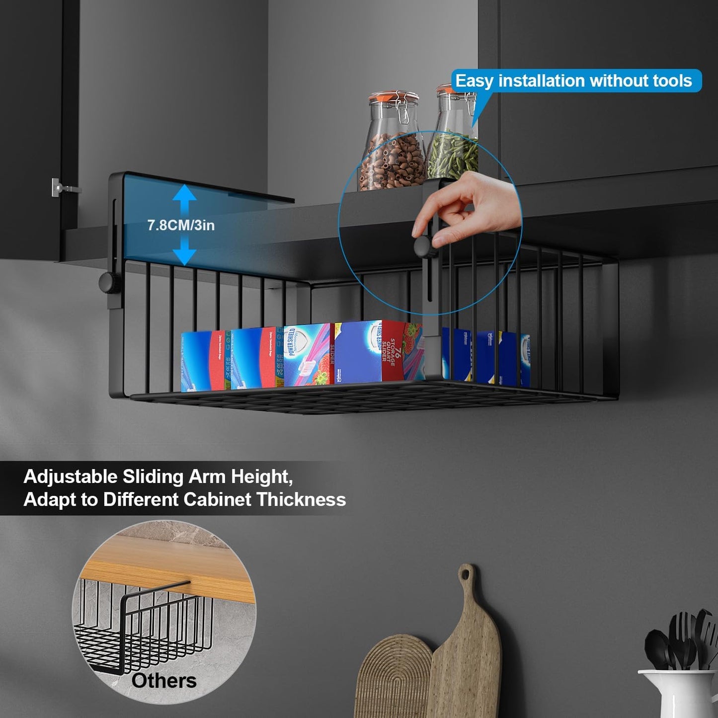 2Pack Under Shelf Basket Organizer,Adjustable Hanging Holder Storage for Cabinet Pantry Kitchen Cupboard Desk Counter Bookshelf Organization Add-on Space Saver Heavy Duty Slide-in,Black