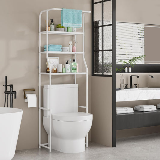 Over The Toilet Storage Shelf, 3-Tier Freestanding Bathroom Organizer with Towel Rack, Space Saver Cabinet Shelves Unit, Tall Slim Etagere for Bathroom, Modern Metal Furniture (White)