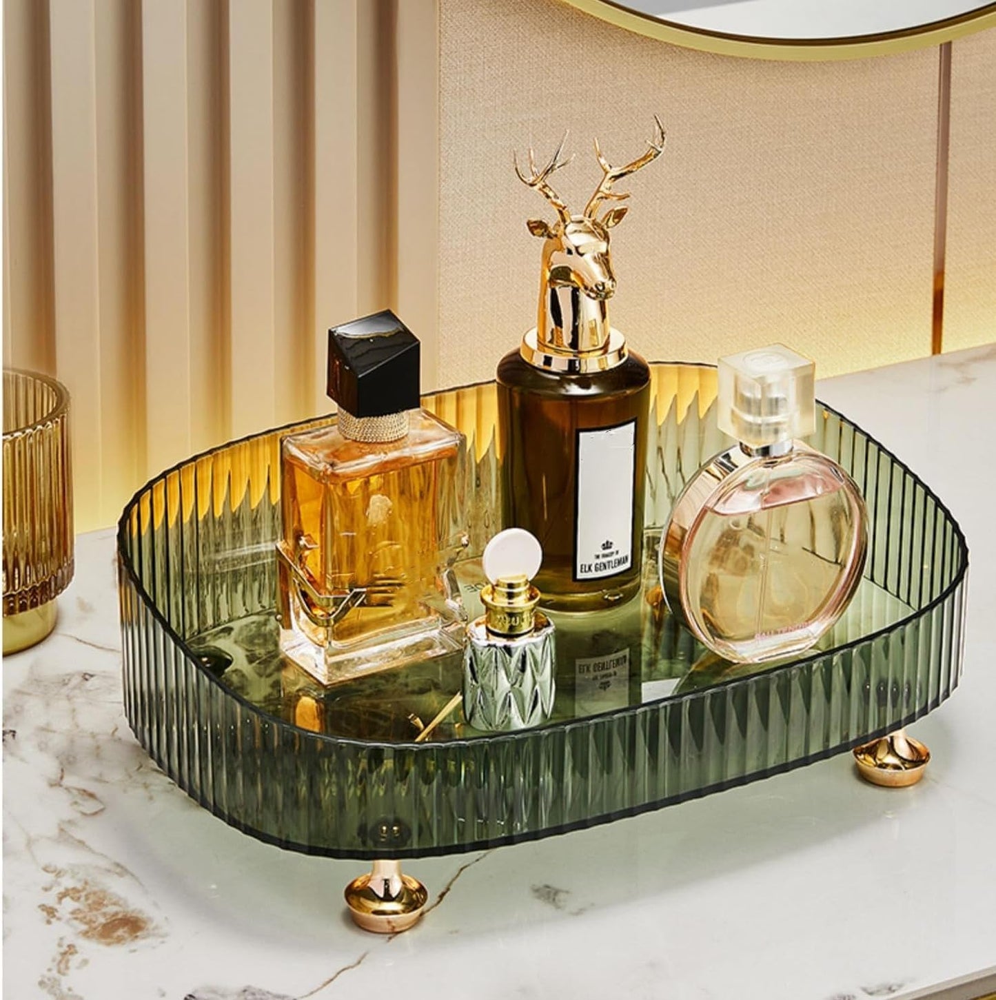 Makeup Perfume Organizer, Vanity Tray, Cosmetic Skincare Organizer, Countertop Organizer Tray for Bathroom Vanity Dresser Table, Green