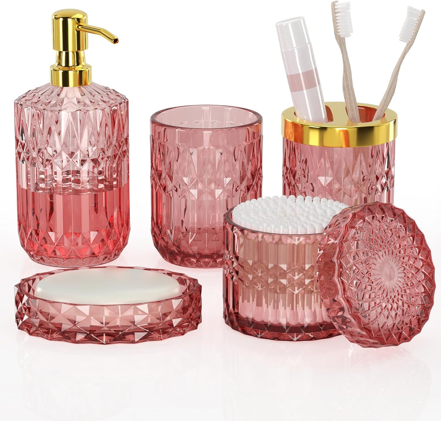 New Pink Bathroom Accessories Set, 5 Pcs Clear Glass Bathroom Accessories Sets with Lotion Soap Dispenser, Soap Dish, Toothbrush Holder, Bathroom Tumbler, Cotton Swab Jars, Perfect for Bathroom Decor