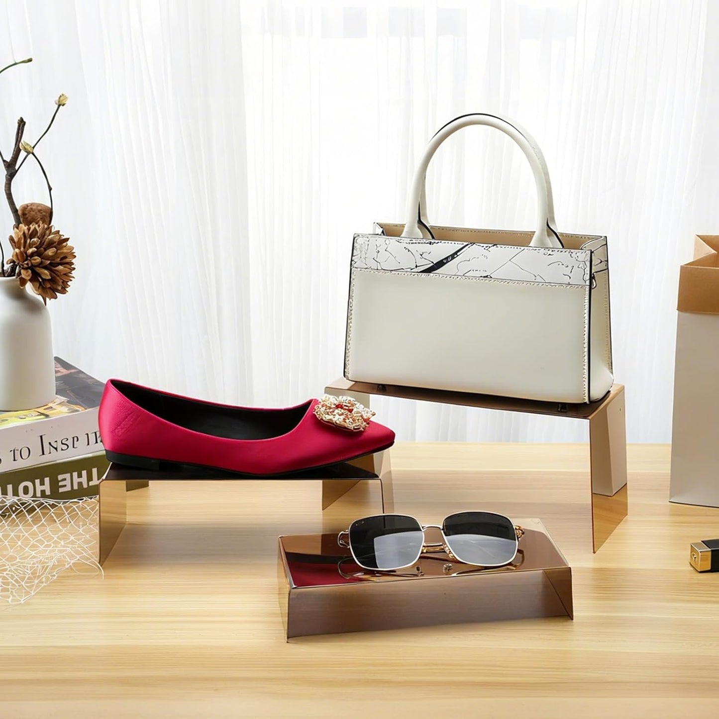 Purse Display Stands - 3 Stainless Steel Perfume Display Stands Metal Shoe Display Riser Stand for Home Boutique Retail Store Showcase, Mirror