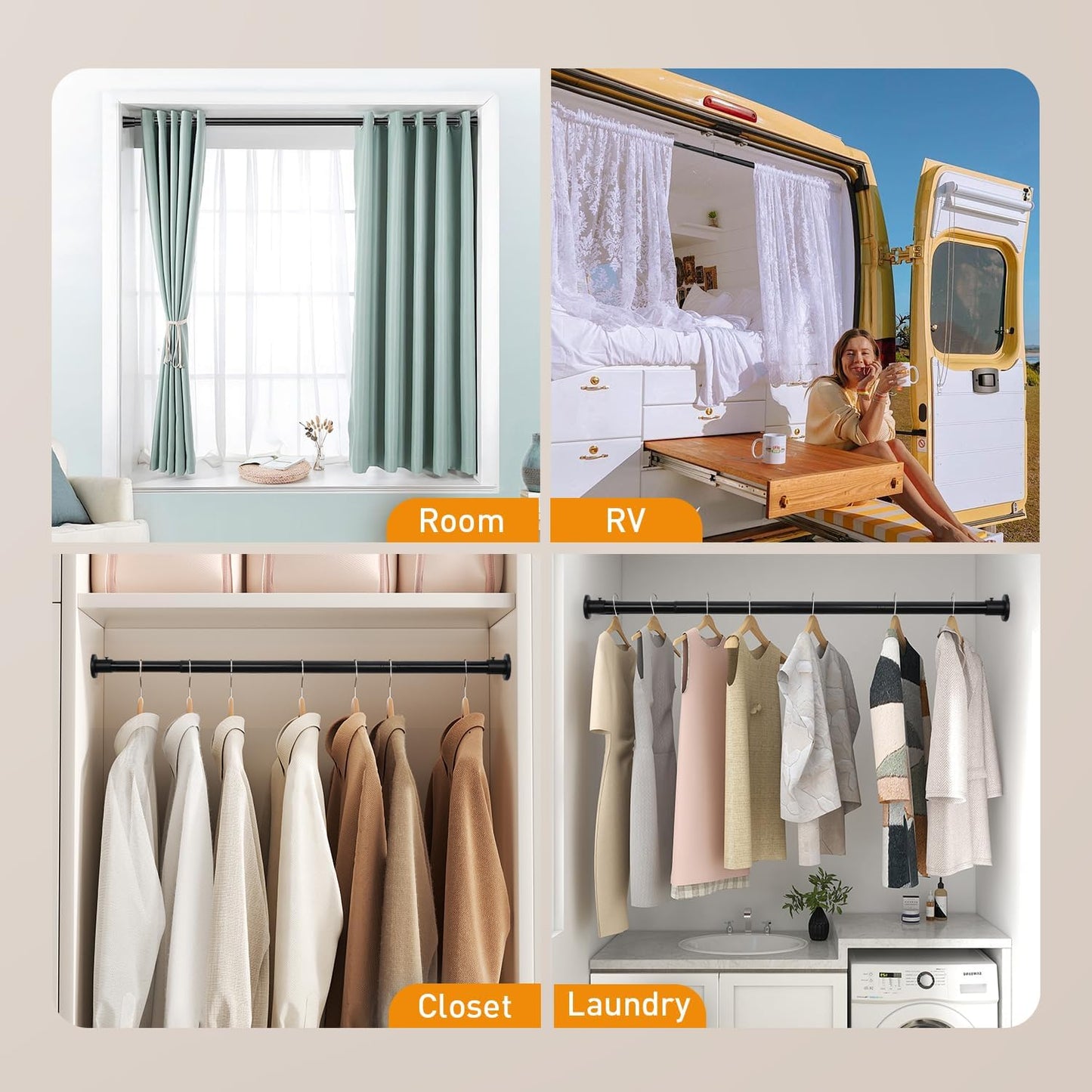 Black Adjustable Closet Rod 18-63 Inches, Heavy Duty Metal Clothes Hanging Rod, Rust-Proof Non-Slip Wardrobe Bar for Closet, Laundry Room, RV