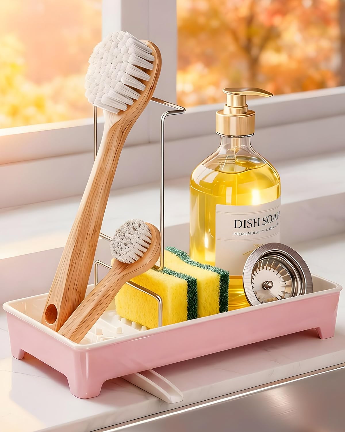 Ceramic-Look Sink Caddy, Rustproof Sponge Holder for Kitchen Sink with 304 Stainless-Steel Brush Holder, Countertop Rack Organizer with Raised Ridges & Silicone Drain Tube (Blush Pink)