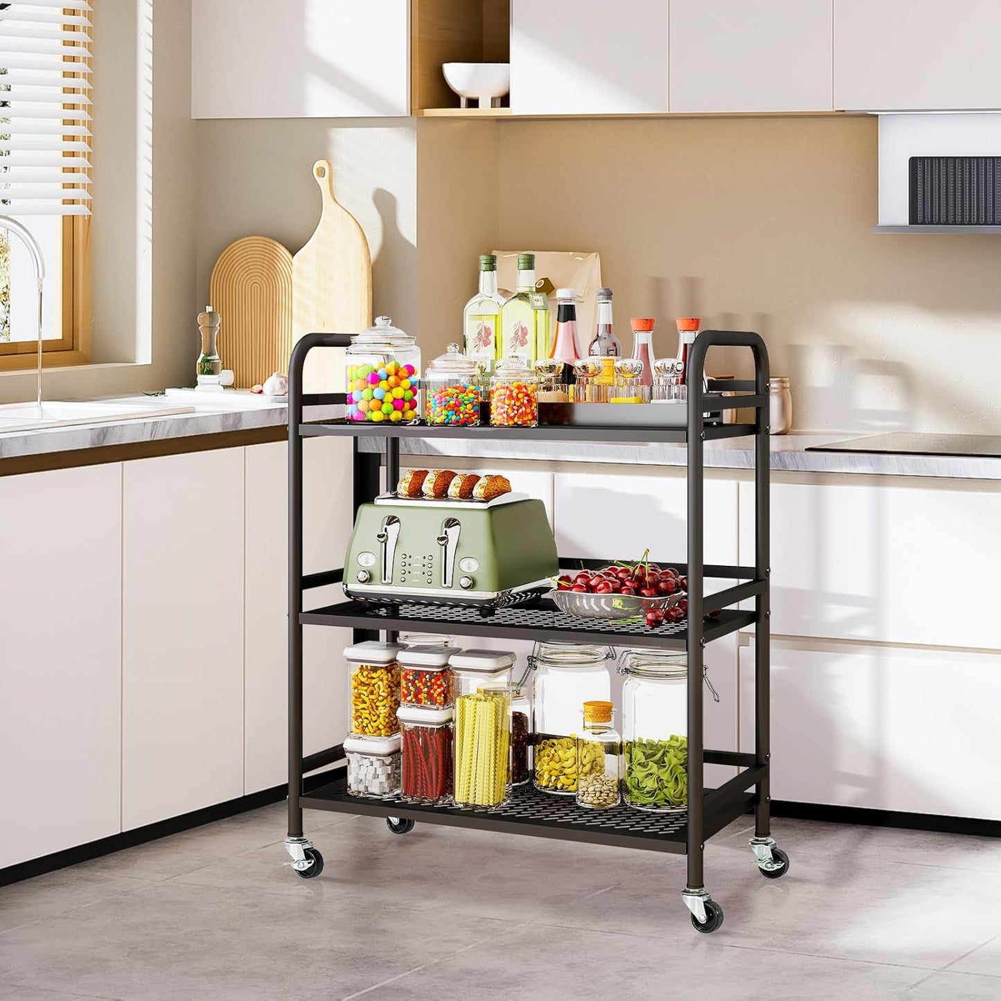 HDANI 3 Tier Metal Rolling Heavy Cart Supports 40 Lbs Per Tier,Mesh Rolling Cart with 2 Lockable Wheels for Office,Home,Bedroom,Kitchen,Bathroom(Black)