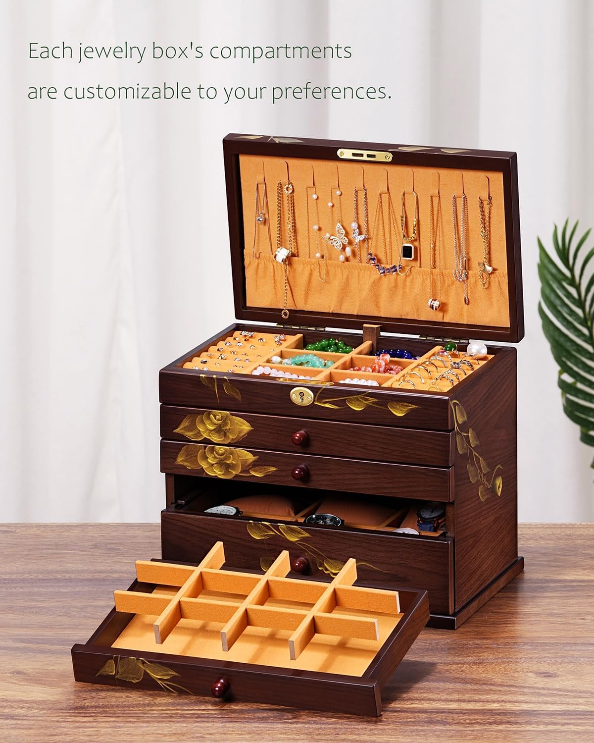 Hand-drawn rose Jewelry Box Wood for Wowen,6-Layer Wooden Jewelry Organizer Boxes with 4 Drawers dresser, Vintage Multi-functional Jewelry Storage Case with lock