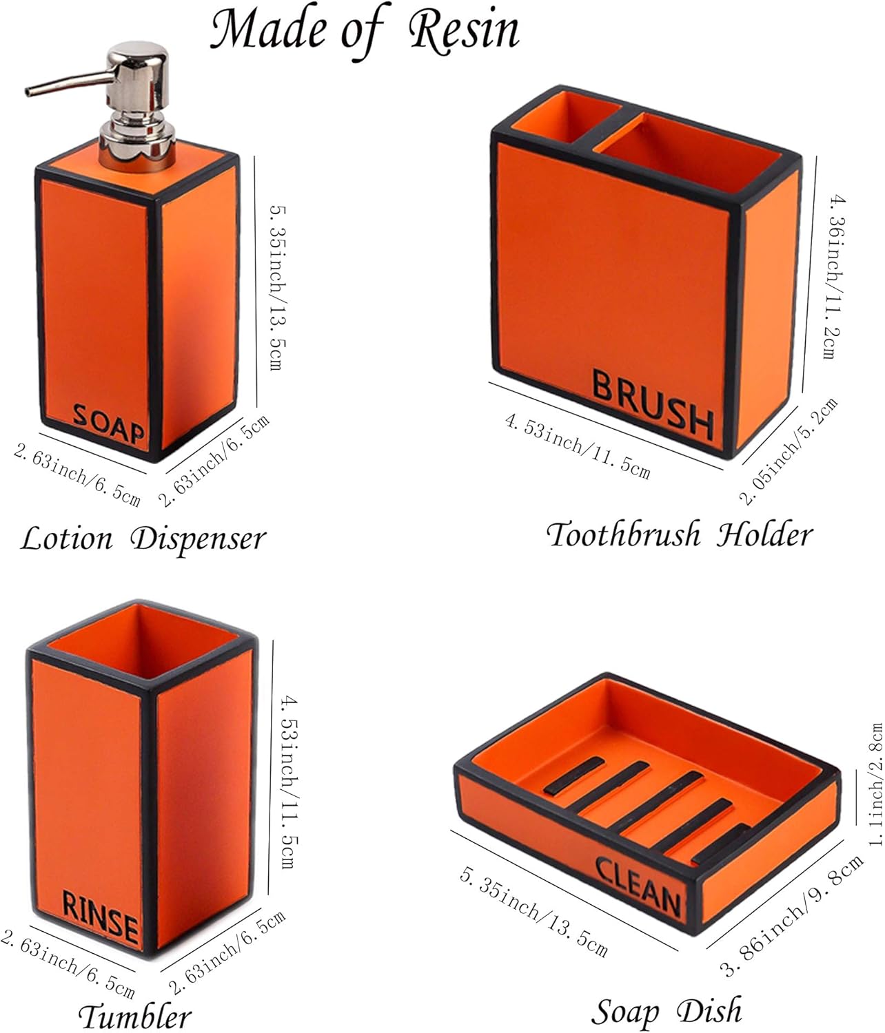 Hymmah Bathroom Accessories Set,Toothbrush Holder,Farmhouse Bathroom Decor,4 Pcs Resin Gift Set Apartment Necessities, Contain Toothbrush Cup,Soap Dispenser,Soap Dish,Tumbler Orange