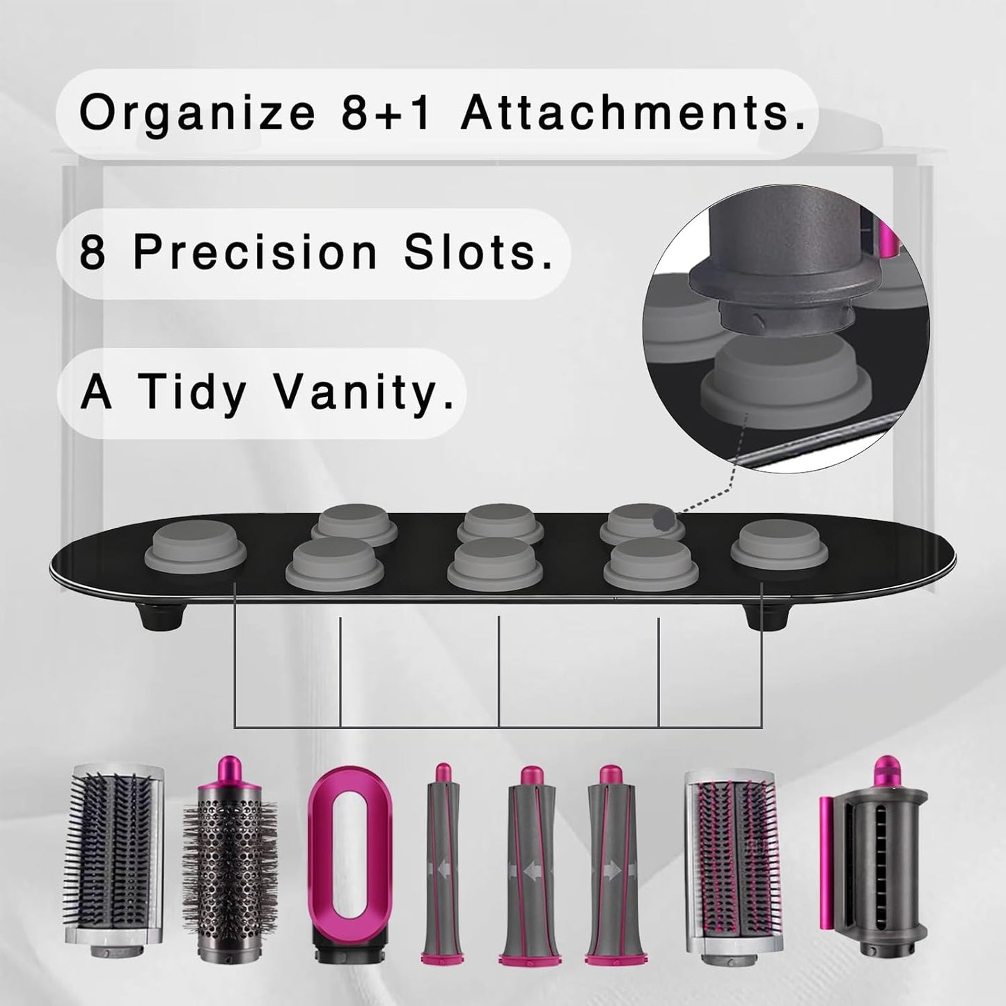 Holder for Dyson Airwrap 6" Barrel Only | Sturdy Metal Storage Rack with Protective Silicone Pad | Countertop Organizer for Attachments & Curling Iron with Self-Adhesive Hook, Black