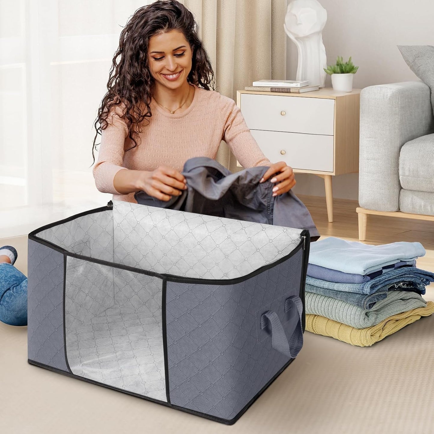 Large Clothes Storage Bags 8 Pack, Foldable Closet Organizers with Durable Breathable Fabric & Clear Window for Blankets, Comforters, Pillows, Bed Sheets, Toys & Seasonal Clothing (Gray)
