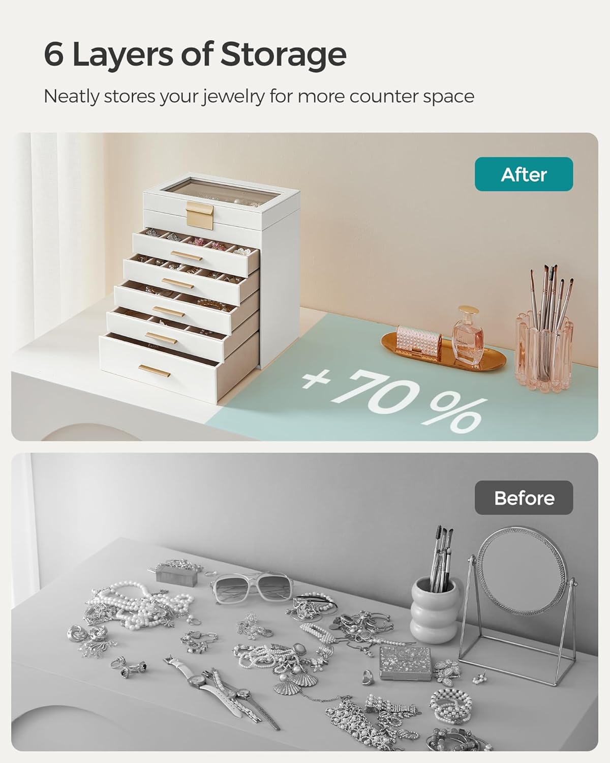SONGMICS Jewelry Box Organizer with Glass Lid, 6-Layer Jewelry Storage, with 5 Drawers, Modern Style, Christmas Gift, 6.4 x 9.9 x 11.4 Inches, Cloud White and Gold Color UJBC171W01