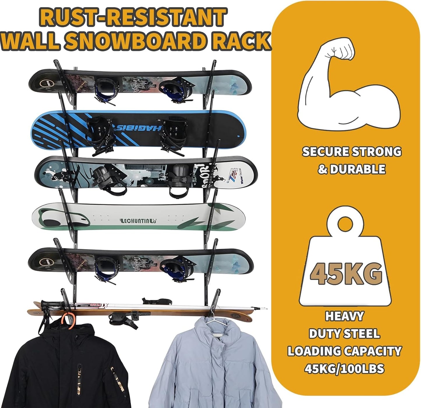 Snowboard Wall Racks, Adjustable Storage Rack for Ski, Surfboard, Wakeboard, Snowboard Wall Mount Display, White/Black