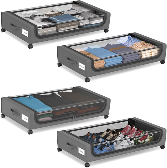 Large Under Bed Storage with Wheels, Under Bed Storage Containers, Under Bed Shoe Storage Organizer, Rolling Underbed Storage Containers for Bedroom Clothes Shoes Blankets, 4 Pack, Grey