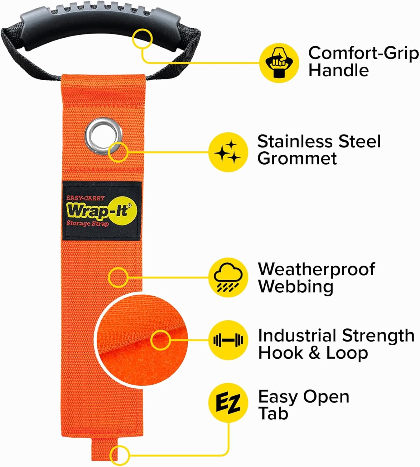 Easy-Carry Wrap-It Storage Straps - 22” (2-Pack) Blaze Orange with Grommet - Extension Cord Storage Holders and Carrying Straps for Garden Hose Storage