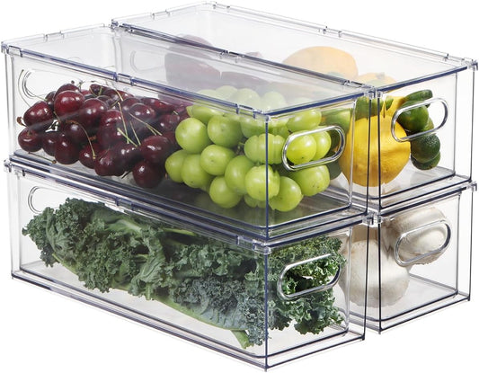Fridge Drawer Pull Out Stackable Bins, Clear Refrigerator Stackable Organizers, Fridge Organizer Storage for Kitchen, Pantry, Vegetables, Fruits (4 Small)