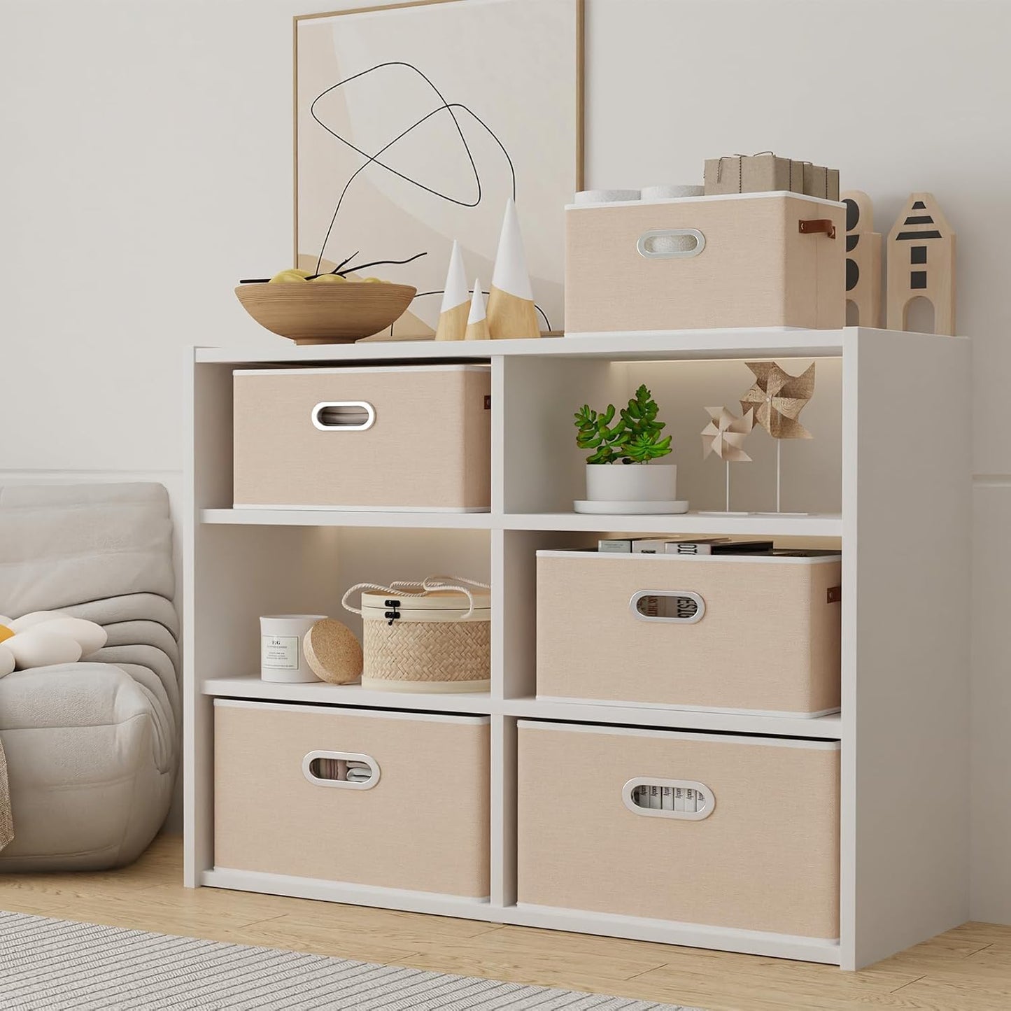 Yawinhe Foldable Storage Baskets for Shelves, Fabric Closet Organizers, Bins with 3 Handles, Cubes for Clothes, Beige, 15''Lx9.8''Wx8.3''H, 6-Pack