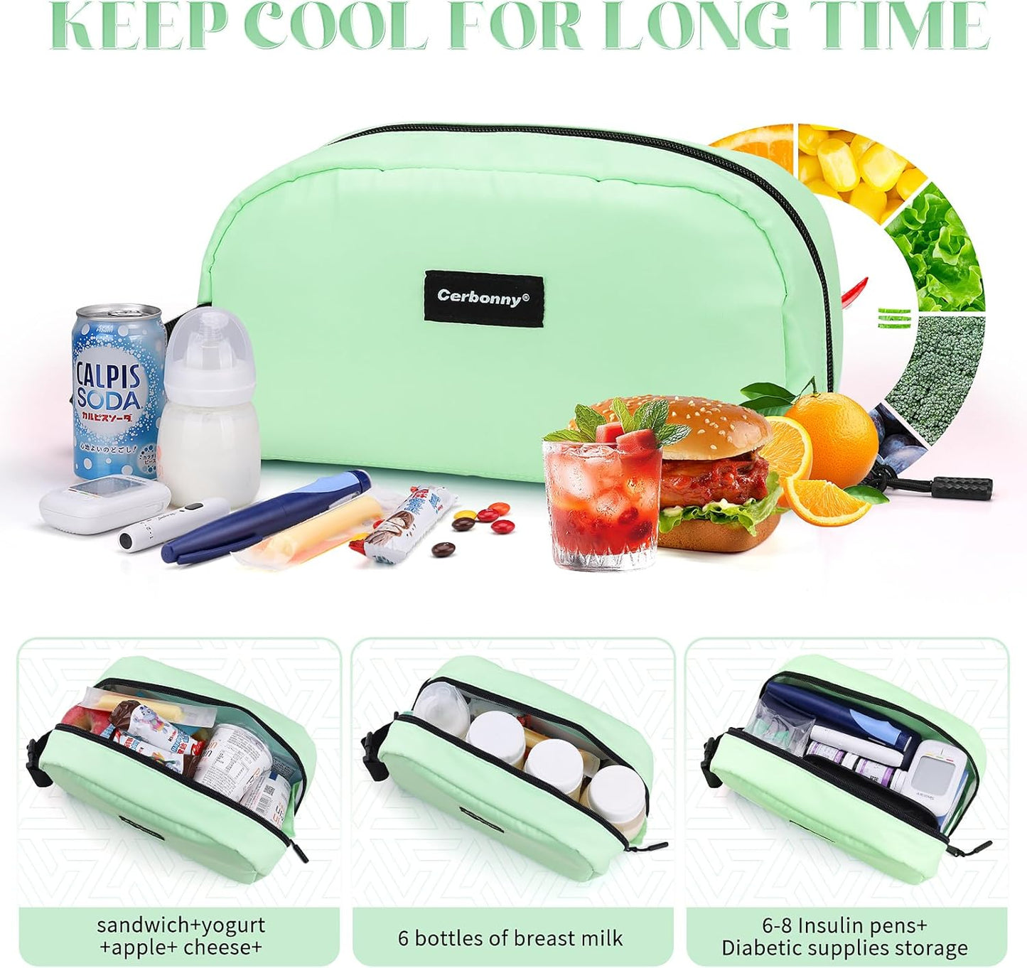 Cerbonny Small Cooler Bag Freezable Lunch Bag for Work School Travel, Leak-proof, 3.5L, Mint Green