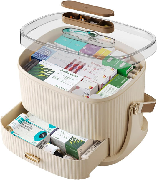 Two-Medicine Organizer, Portable Medicine Cabinet Organizer, Empty First Aid Kit with Drawers for Home, and Portable Travel Pill Organizer.