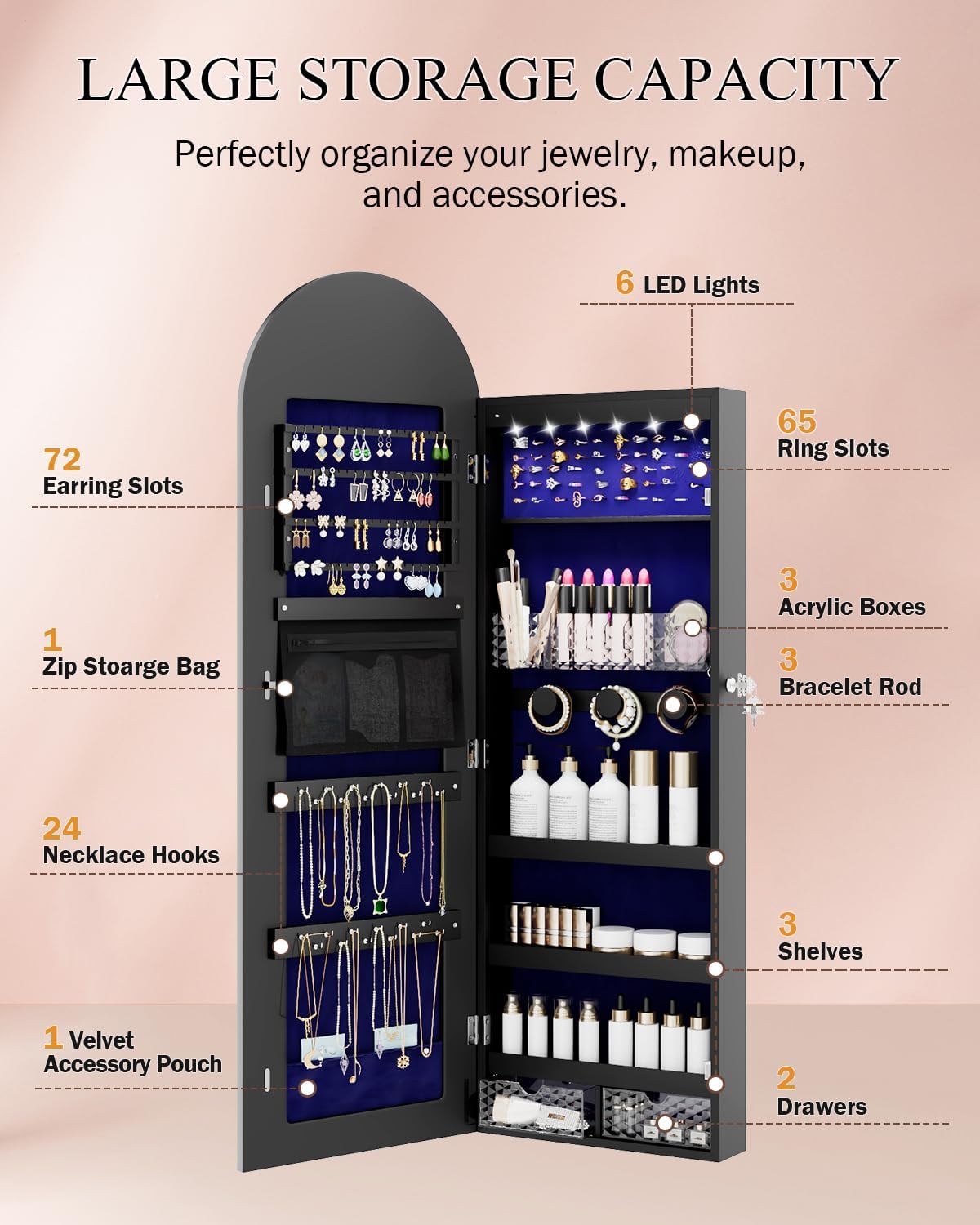 Jewelry Cabinet Organizer with Mirror, 47 inch Lockable Full-Length Mirror Jewelry Armoire Hanging Door/Wall Mounted with 6 LEDS, Arched Framed Mirror Cabinet with Storage, Gift for Women, Black