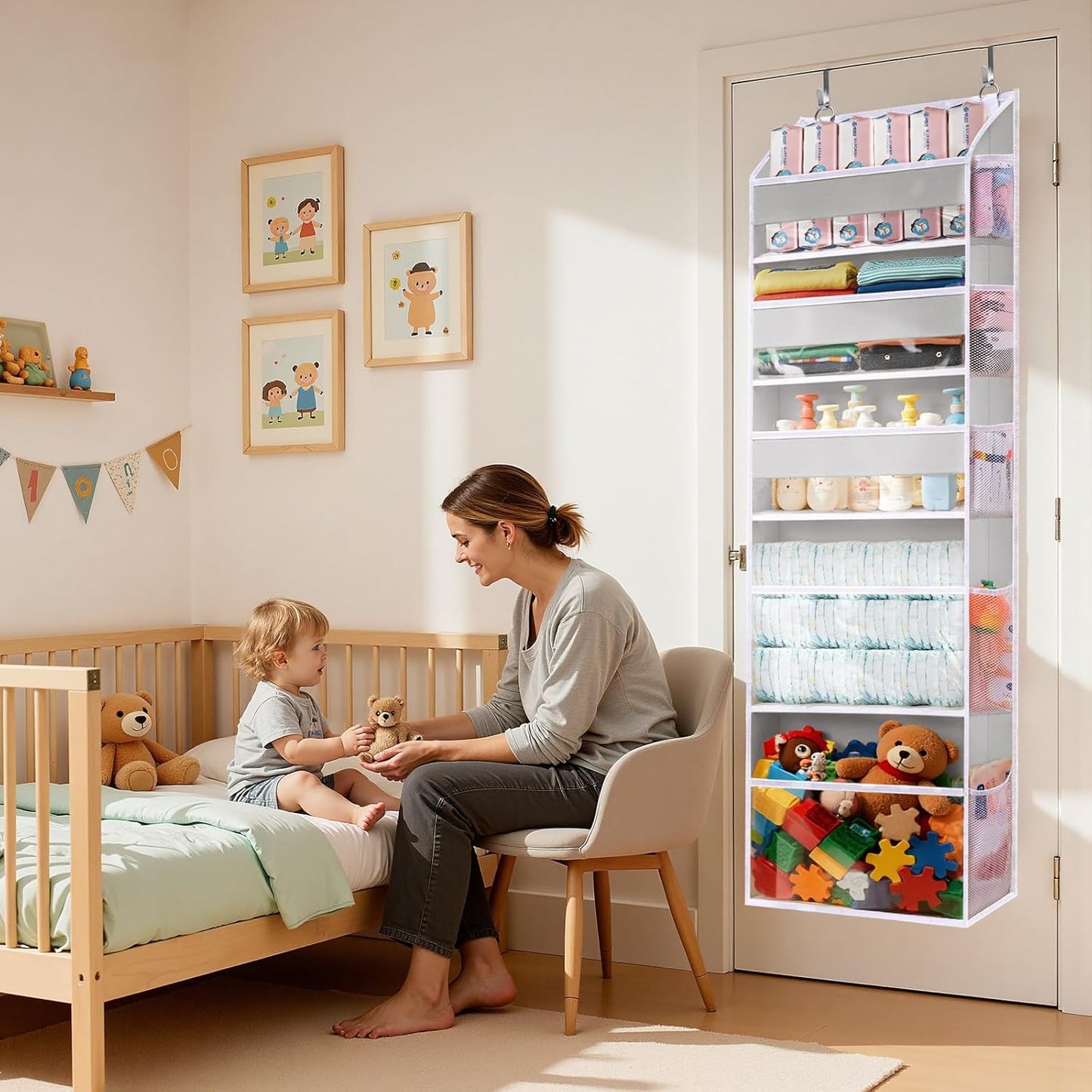 5 Tiers Over Door Organizer with 10 Mesh Side Pockets, 50 lbs Weight Capacity Hanging Storage Organizer with Clear Window Kids Toys, Shoes, Diapers, Light Gray