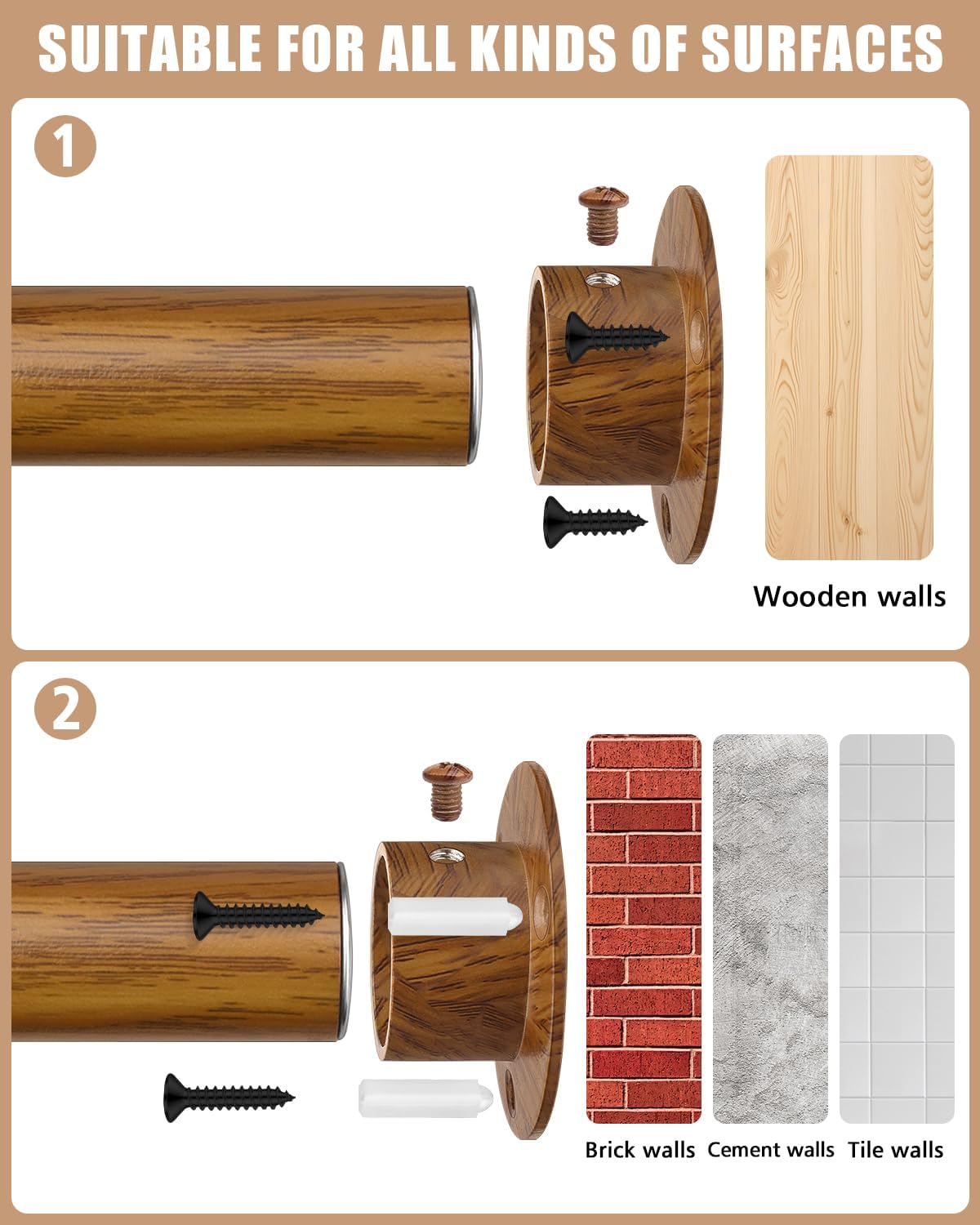 Closet Rods for Hanging Clothes, 17-76 Inch Heavy Duty and Stepless Adjustable Closet Poles, Stainless Steel Closet Hanging Rod for Wardrobes, Laundry Room, Bathroom, RV (Wood-Grain Finish)