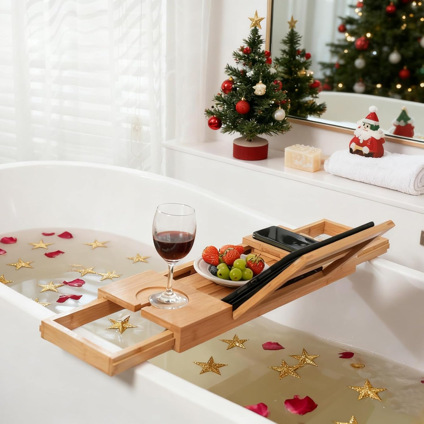 Utoplike Bamboo Bathtub Caddy Tray Bath Tray for Tub, Adjustable Bathroom Bathtub Organizer with Book Tablet Wine Glass Cup Towel Holder