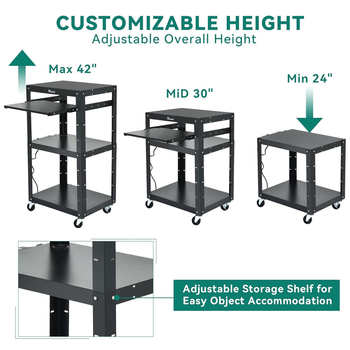 YITAHOME AV Cart on Wheels, 3-Shelf Metal Presentation Utility Cart with Keyboard Tray and Power 16.4ft Extra-Long Cord, Rolling Storage Cart with Adjustable Shelves for Offices, Warehouses, Black