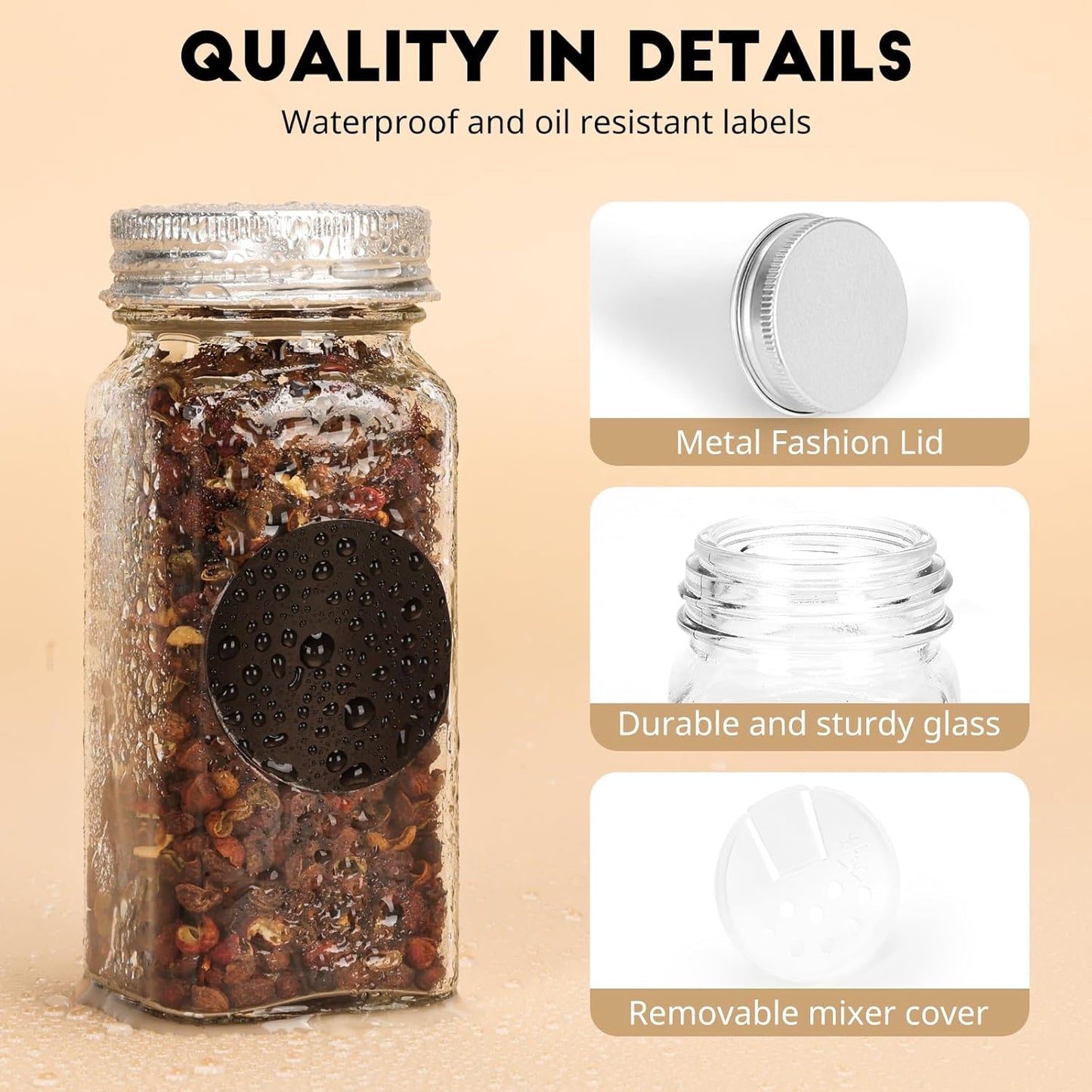 24Pcs Spice Jars with Label, 4oz Empty Square Seasoning Containers, Spice Jars with Shaker Lids, Small Spice Bottles for Salt, Herbs, Sugar, Pepper, Seasoning Jars for Spice Rack, Cabinet, or Drawer